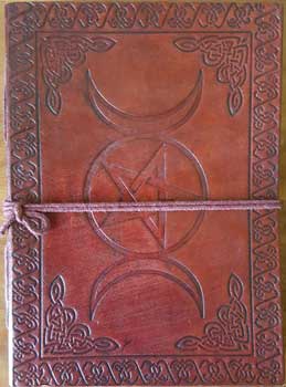 (image for) 5" x 7" Triple Moon Pentagram leather blank book w/cord