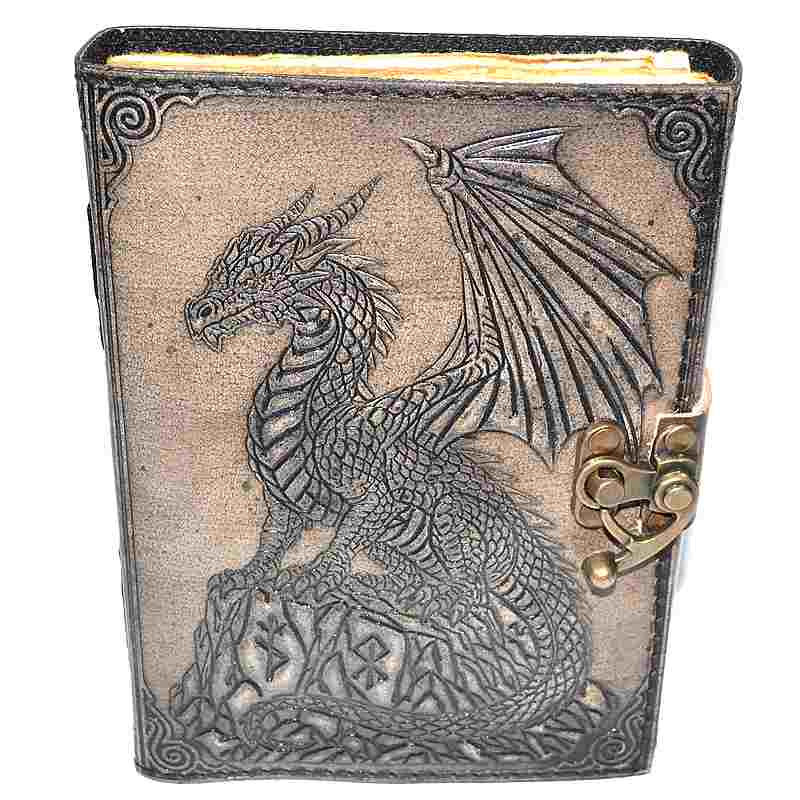 (image for) Dragon on Rock aged looking paper leather w/ latch