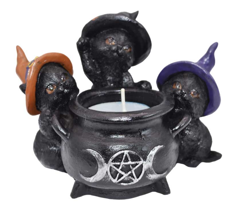 (image for) Witchy Cats around Cauldron tealight holder - Click Image to Close