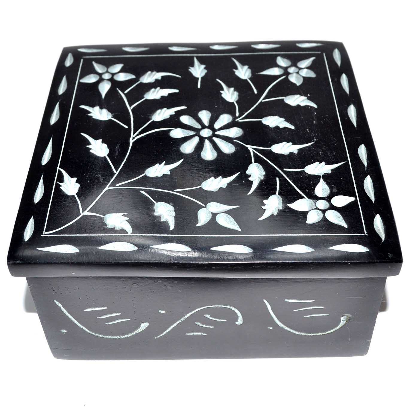 (image for) 4 1/4" x 4 1/4" Floral soapstone box