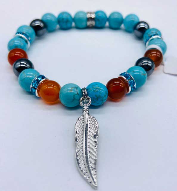(image for) 8mm Turquoise, Red Agate, Hematite with Feather - Click Image to Close