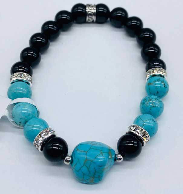 (image for) 8mm Black Onyx, Turquoise, Turquoise Nugget bracelet