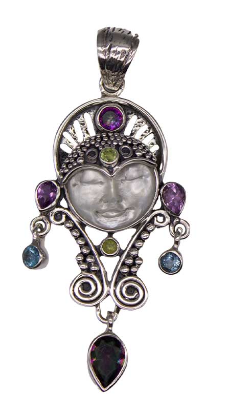 (image for) Amethst, Mother of Pearl Face, Qtz, Peridot, Blue Topaz pendant