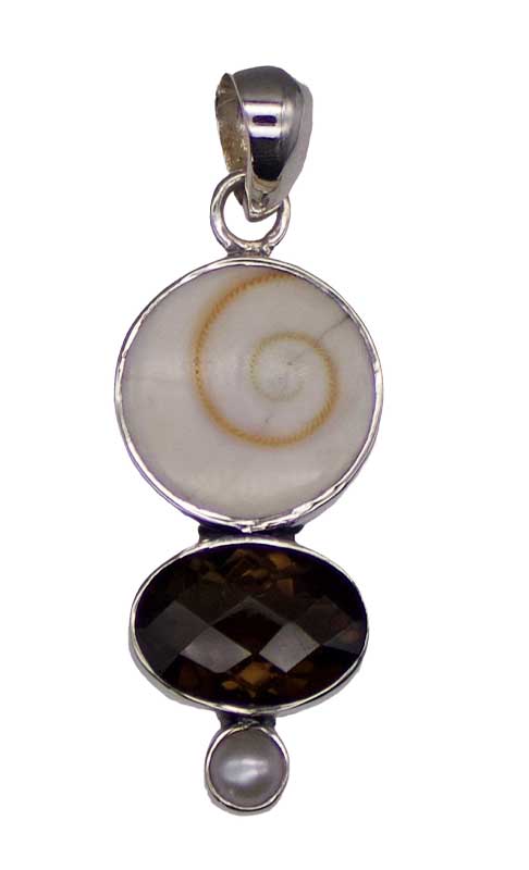 (image for) Shiva Eye Shell pendant w/ Fresh Water Pearl and Smoky Qtz - Click Image to Close
