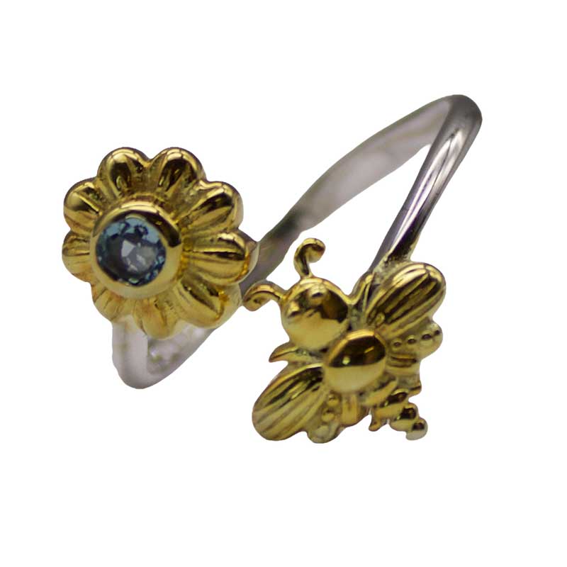 (image for) size 7 Bee and Flower Ring with Blue Topaz