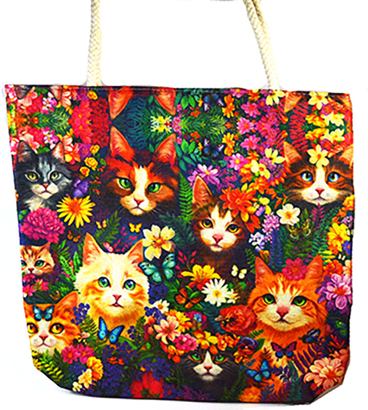 (image for) 17" x 17" Cat/ Flowers tote bag