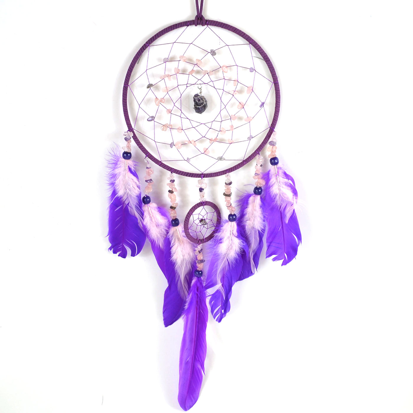 (image for) 6 3/4" x 22" Amethyst & Rose Quartz dream catcher