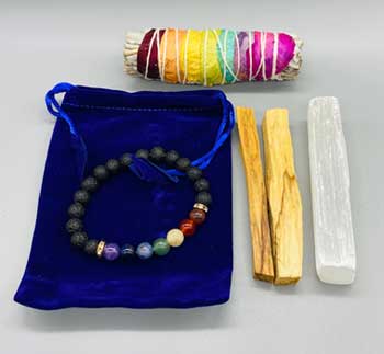 (image for) Balancing Kit (4" 7 chakra sage, palo santo stick, selenite & lava bracelet)